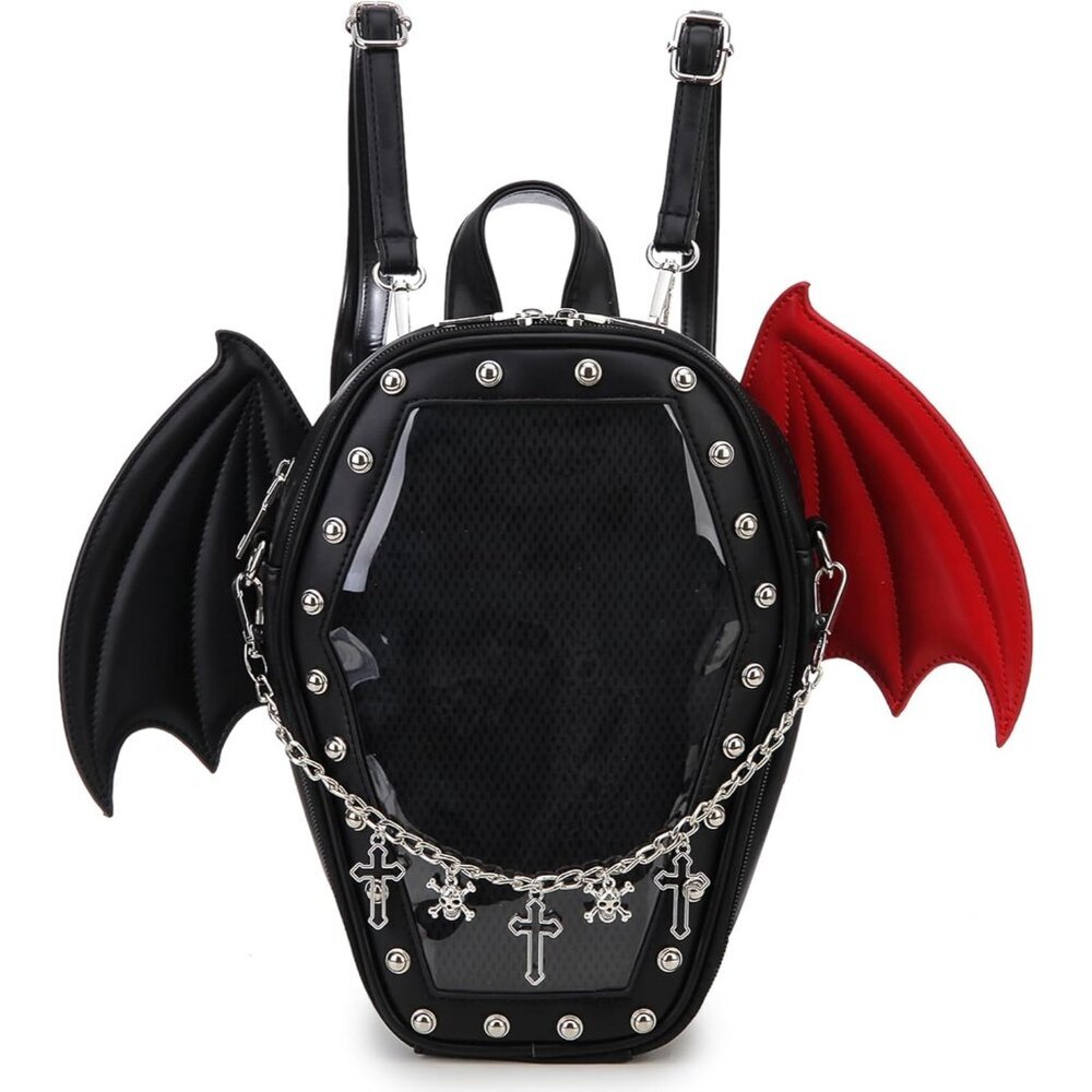 Gothic Coffin Shape Purse Handbag Women Halloween Shoulder Bag Black Red Wings
